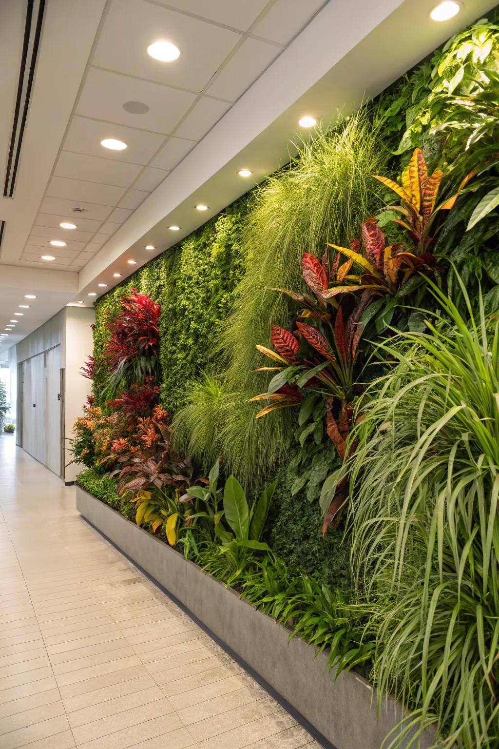 A mixed vegetative wall integrates grass with assorted flora, forming an opulent interior garden.