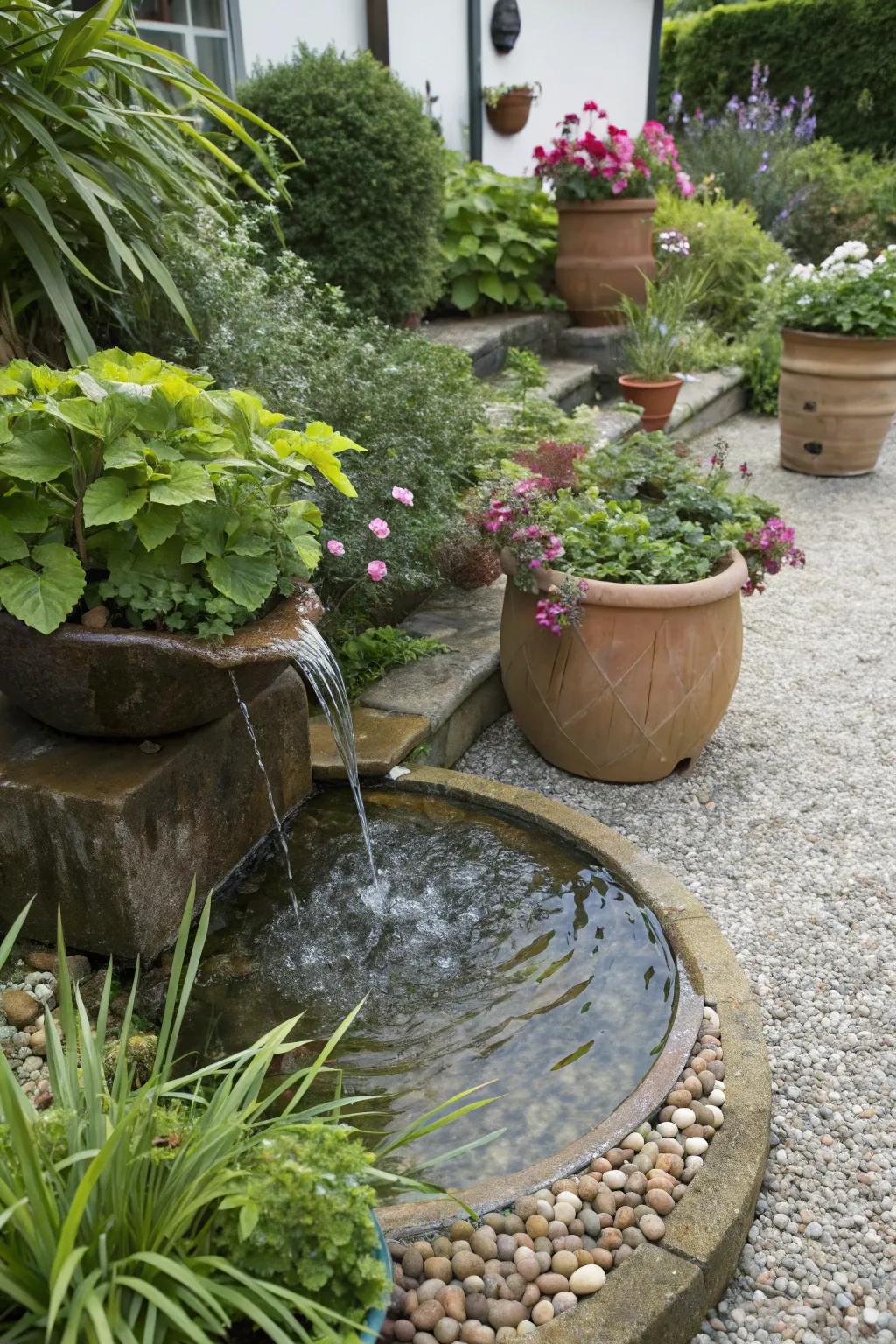 A water accent lends a calming dimension to the gravel garden.