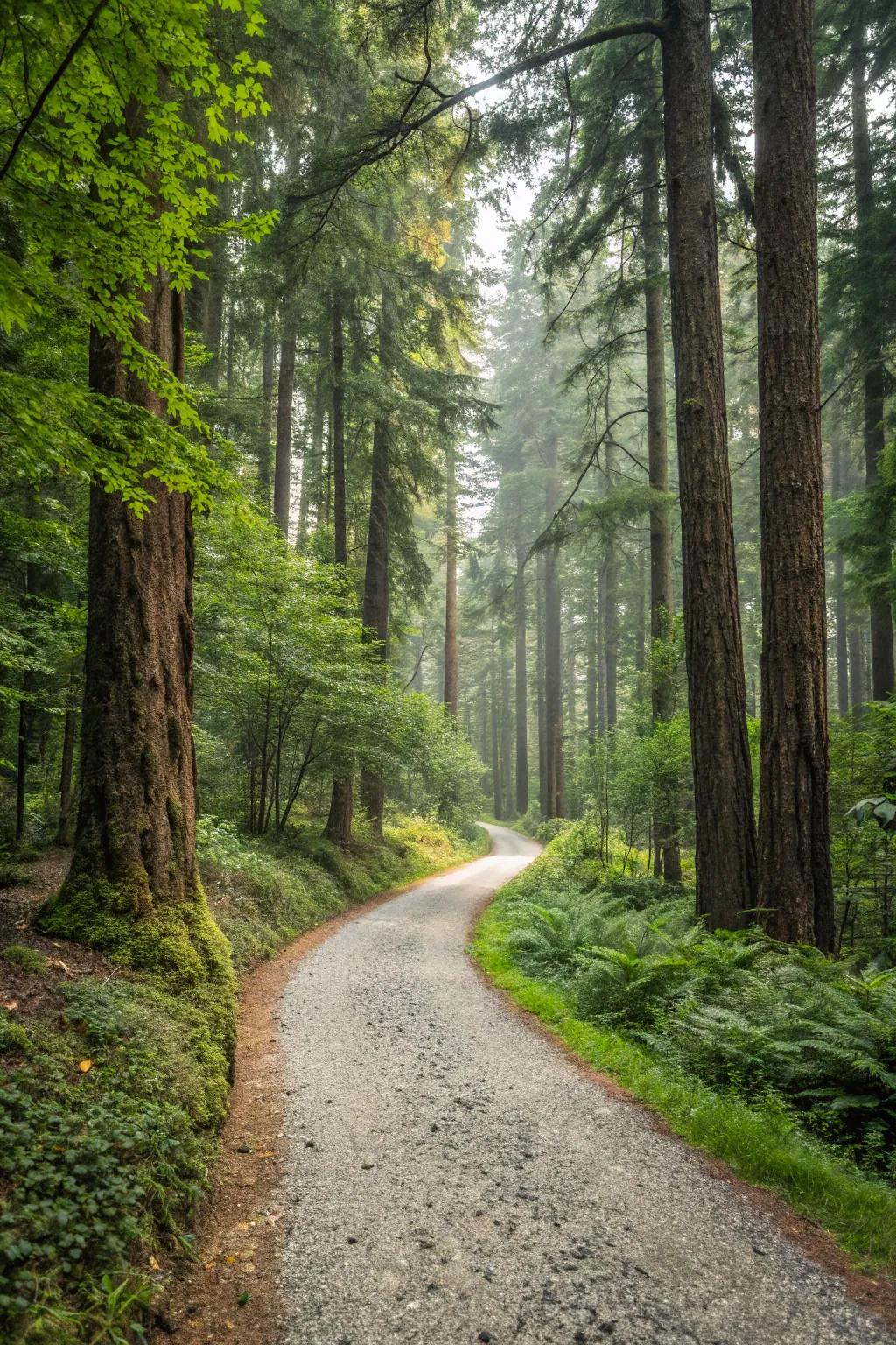 A gravel path adds a natural element to forest settings.