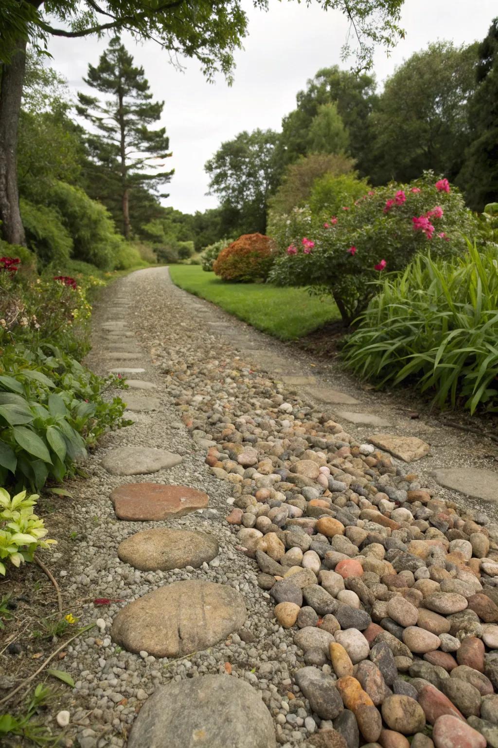 A country crushed stone path with varied textures and tones
