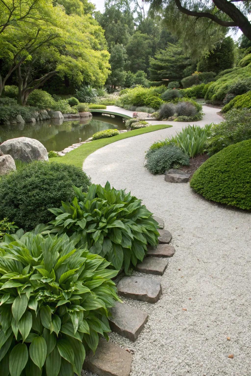 A flourishing garden bed with greenery thriving in gravel.