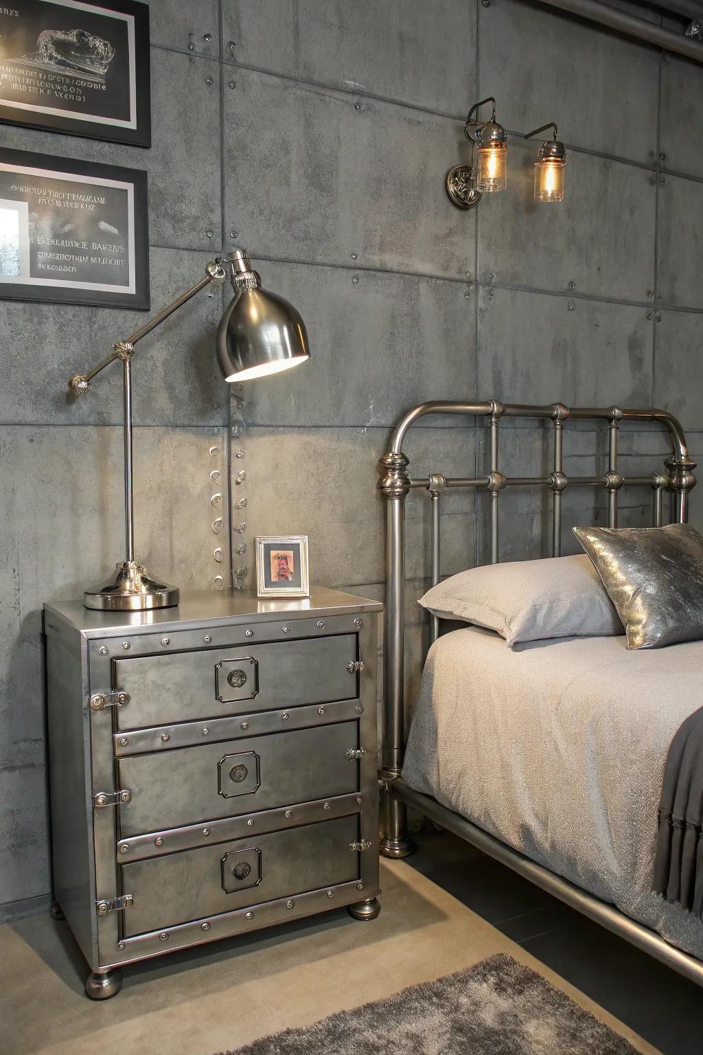 An urban gray bedroom featuring smooth metallic accents.