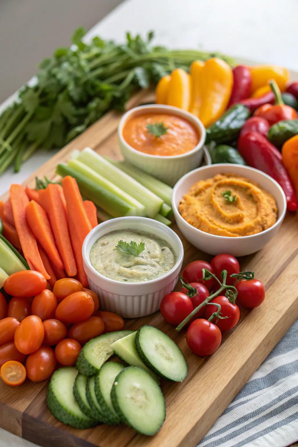 A vibrant and healthful assortment of vegetables paired with delightful sauces.