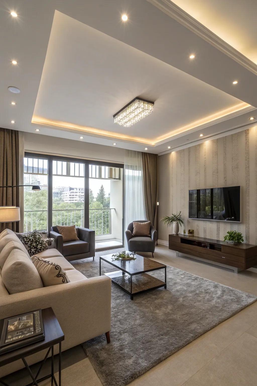 Recessed lighting introduces a contemporary touch while ensuring ample illumination.
