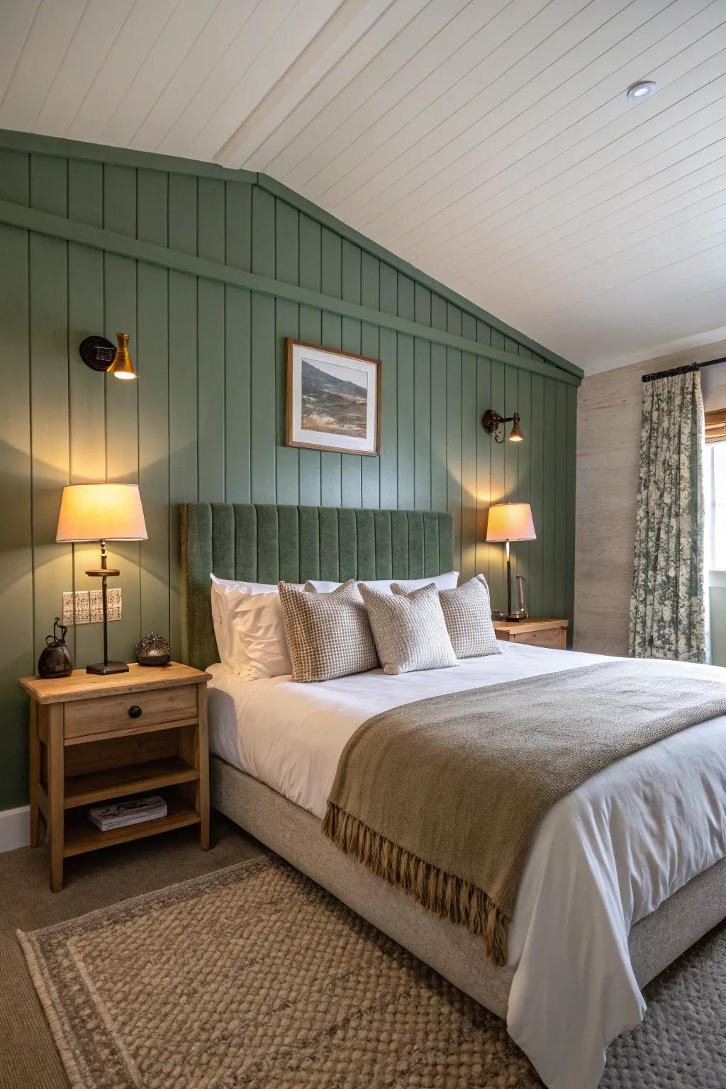 An elegant bedroom featuring a textured accent wall.