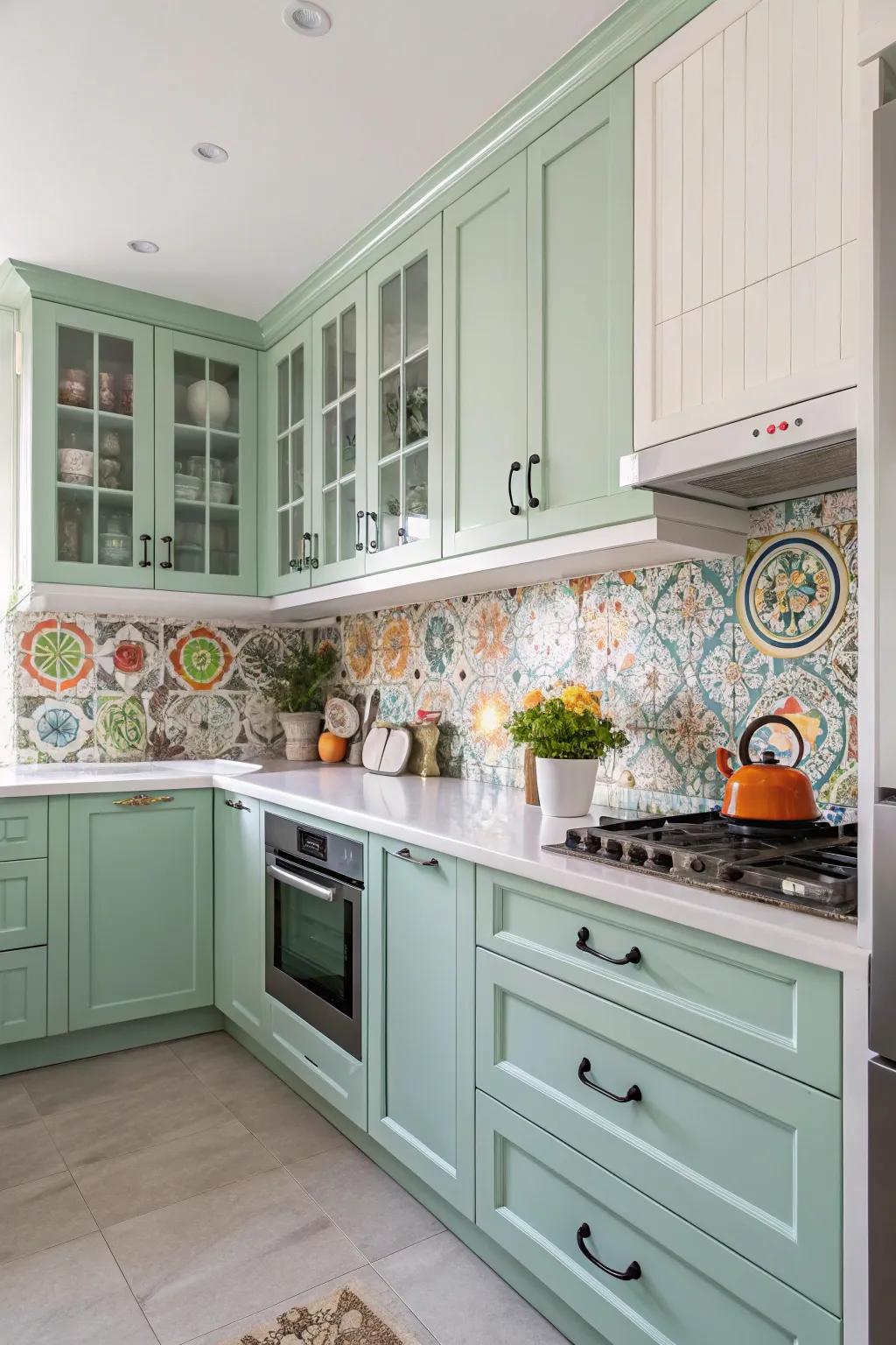 Playful kitchen featuring mint green cabinets and vibrant details.