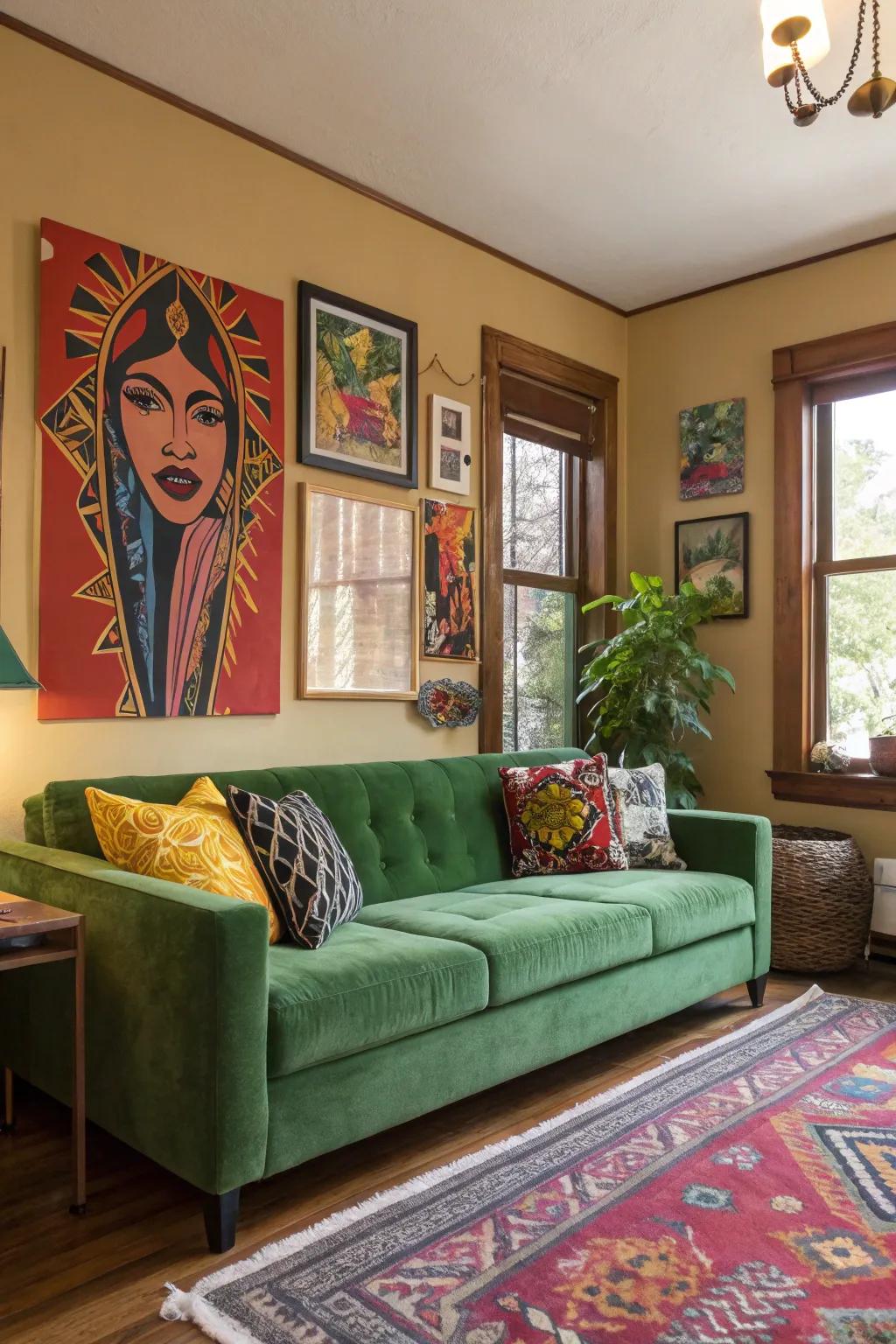 Striking visual art complements a green couch beautifully, creating a remarkable impression.