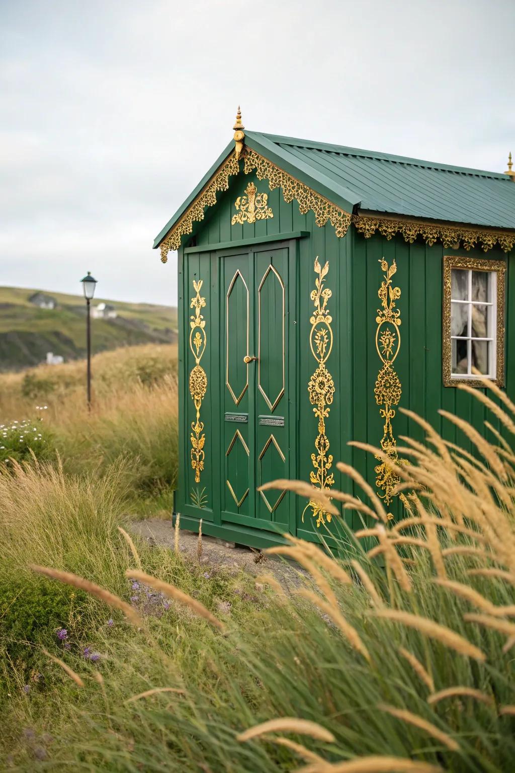An emerald green shed introduces a hint of luxury to any garden.