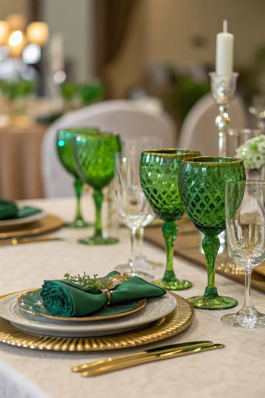 Verdant-colored glasses introducing distinctive appeal to the table.