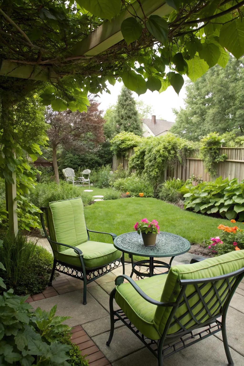 An outdoor escape featuring green furniture.
