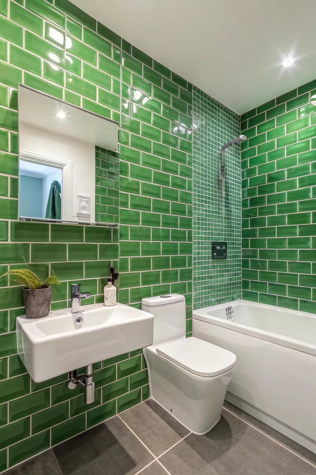 A green tile accent wall introduces a striking focal element.