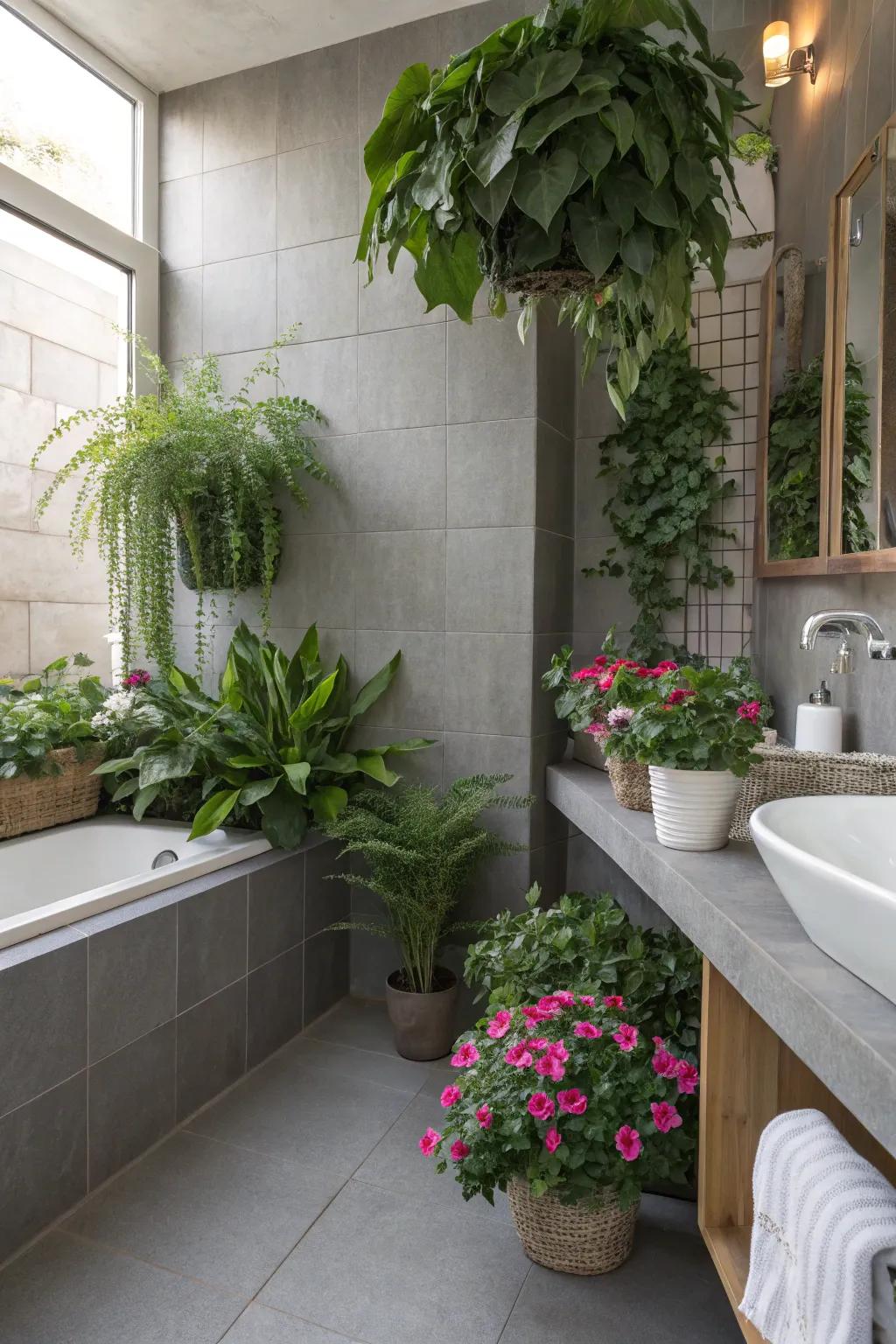 Rich greenery injects life and vibrancy into the grey bathroom.