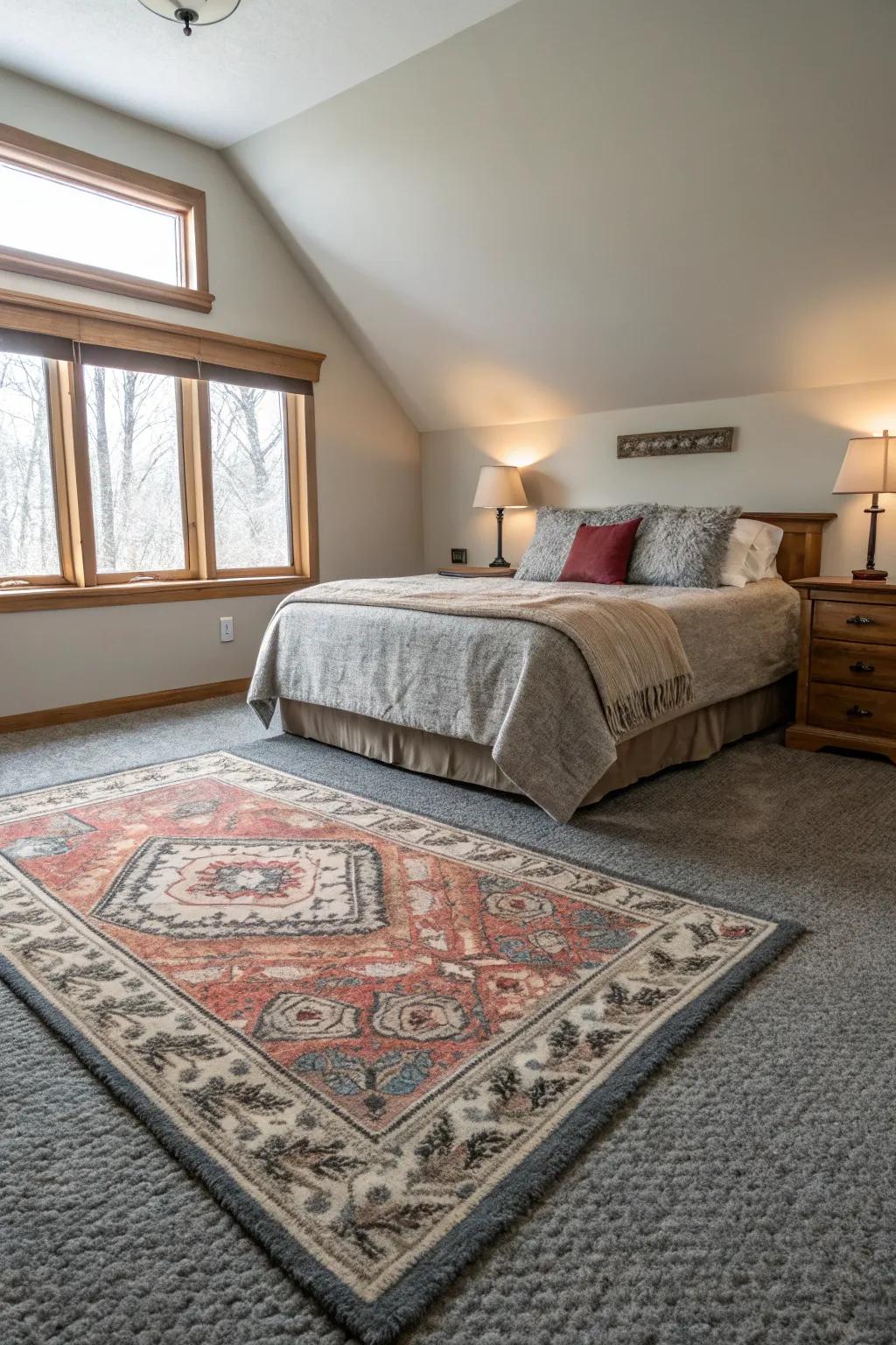 Understated patterns elevate the visual interest in this bedroom that features a grey carpet.