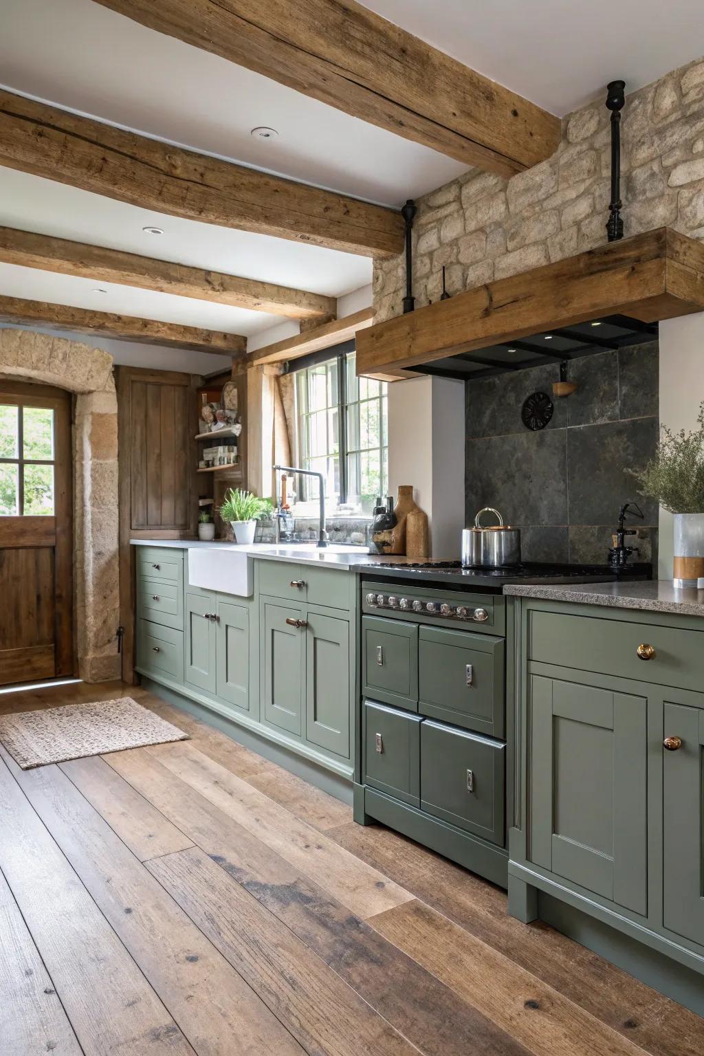 Country-style timber flooring complements the modern appearance of grey-green cabinets.