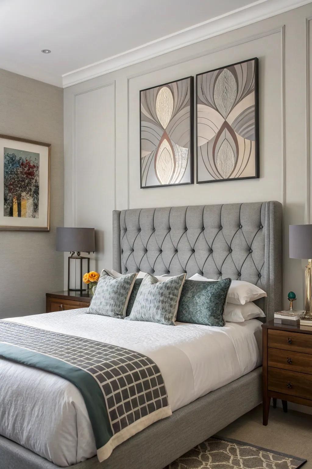 An artistic expression above a slate-toned headboard with abstract wall art.