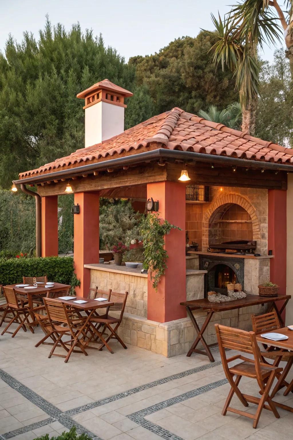A Mediterranean-themed grill gazebo featuring warm colors and terracotta details.
