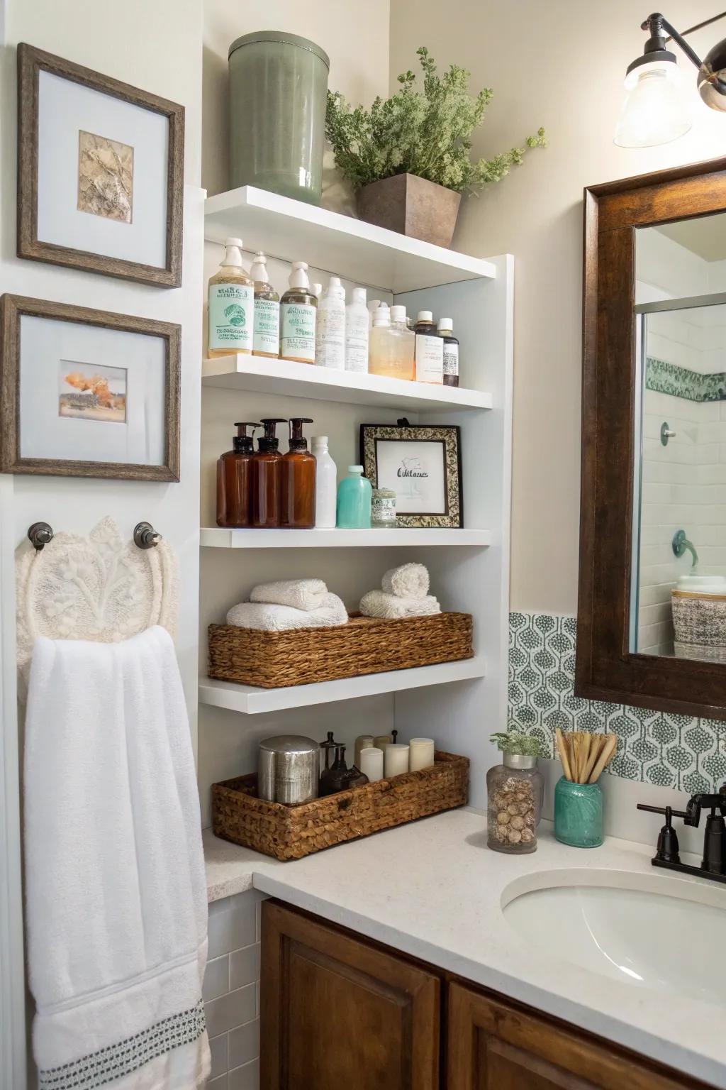 A guest bath equipped with open storage, showcasing bath products and ornamental items.