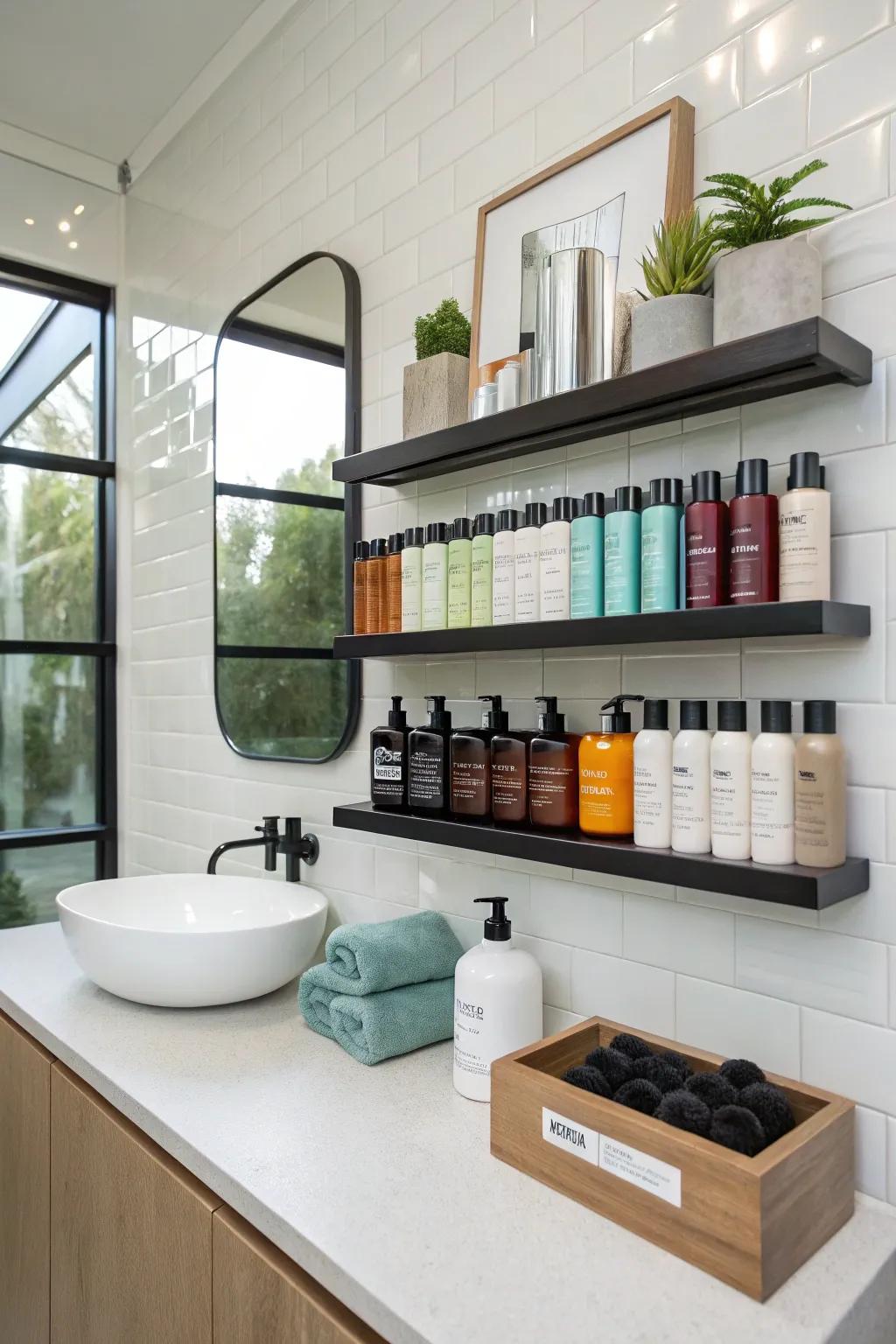 Change up your wall area with elegant shelves for your hair products.