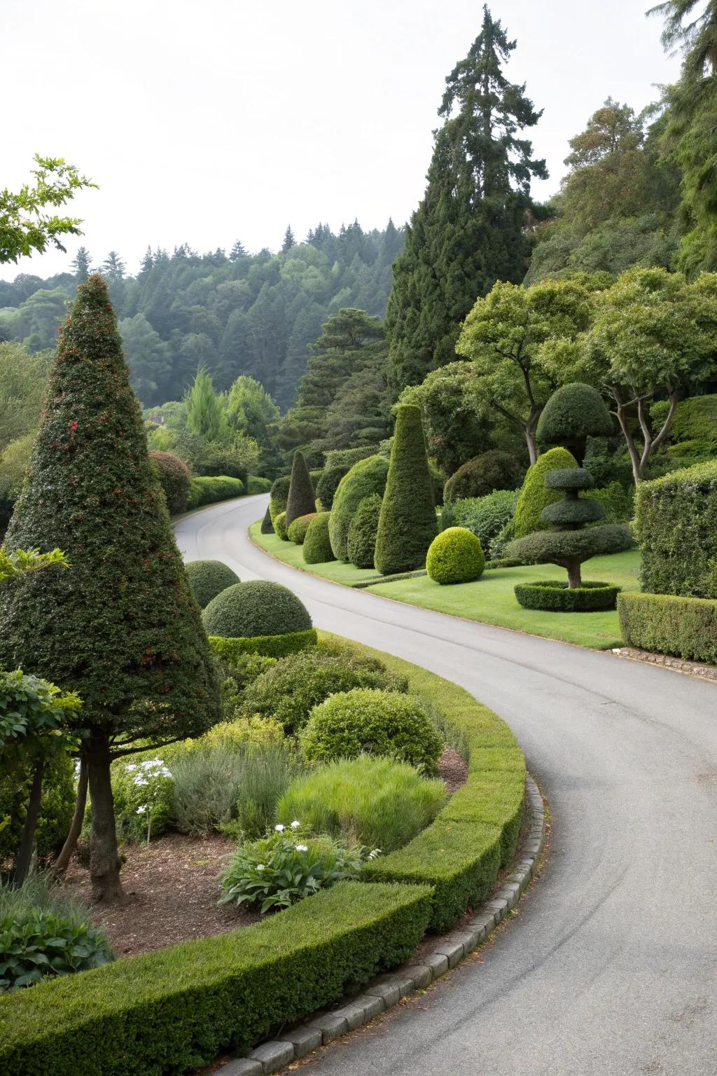 Sculpted hedge art adds refinement and charm.