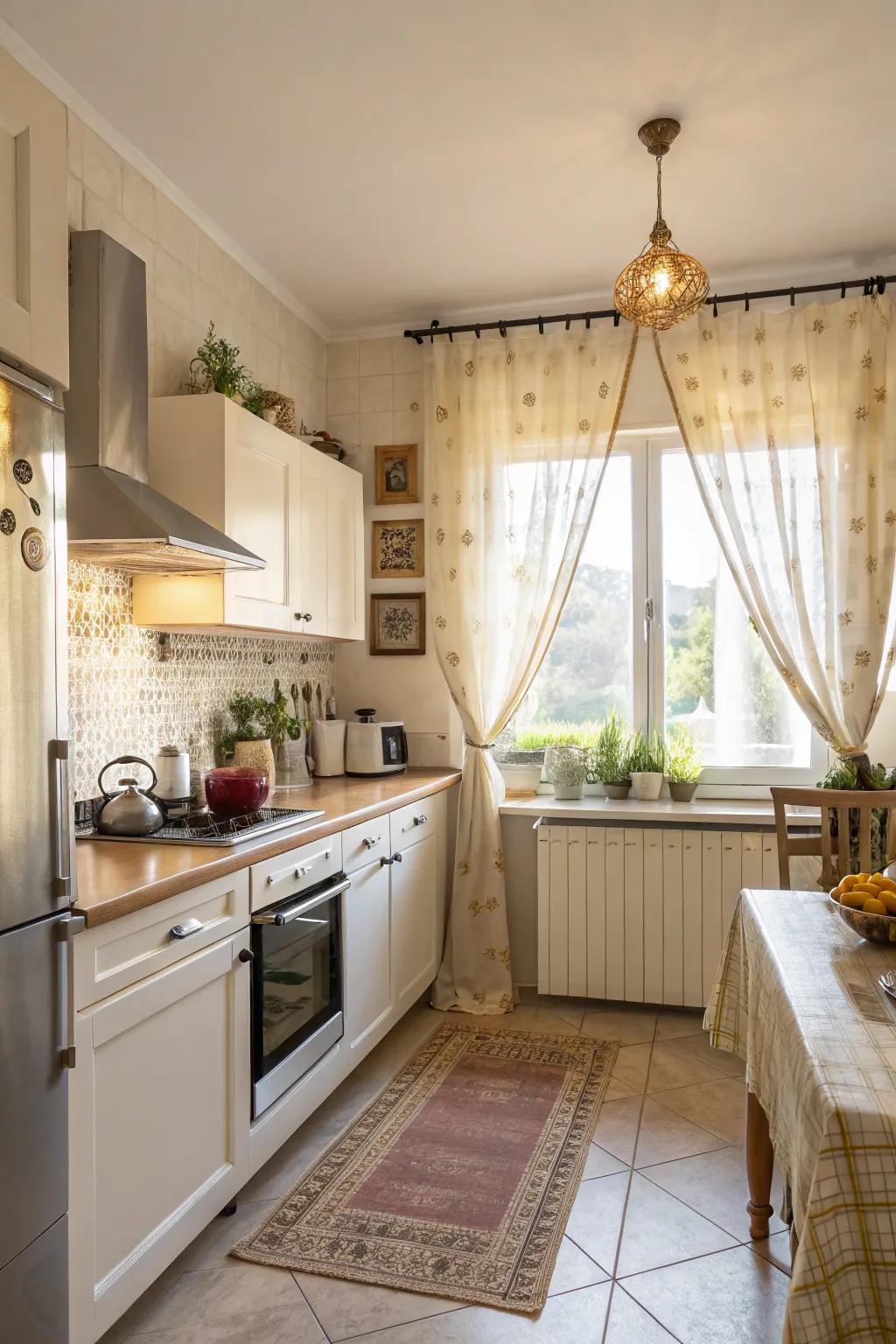Bright cooking area featuring bistro-esque curtains.