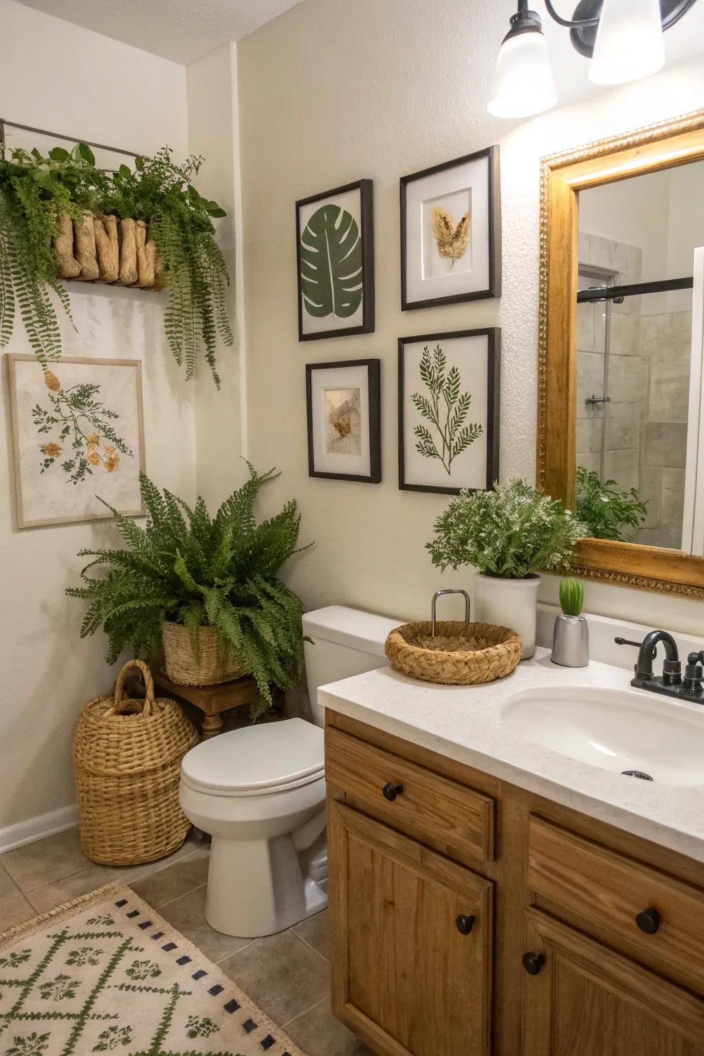 Ornamental pieces add character and coziness to a guest bathroom.