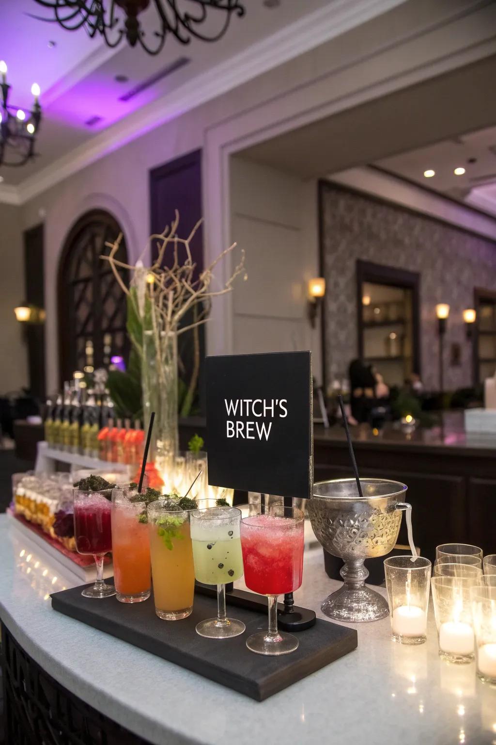 Socialize and blend potions at an enchanting beverage station.