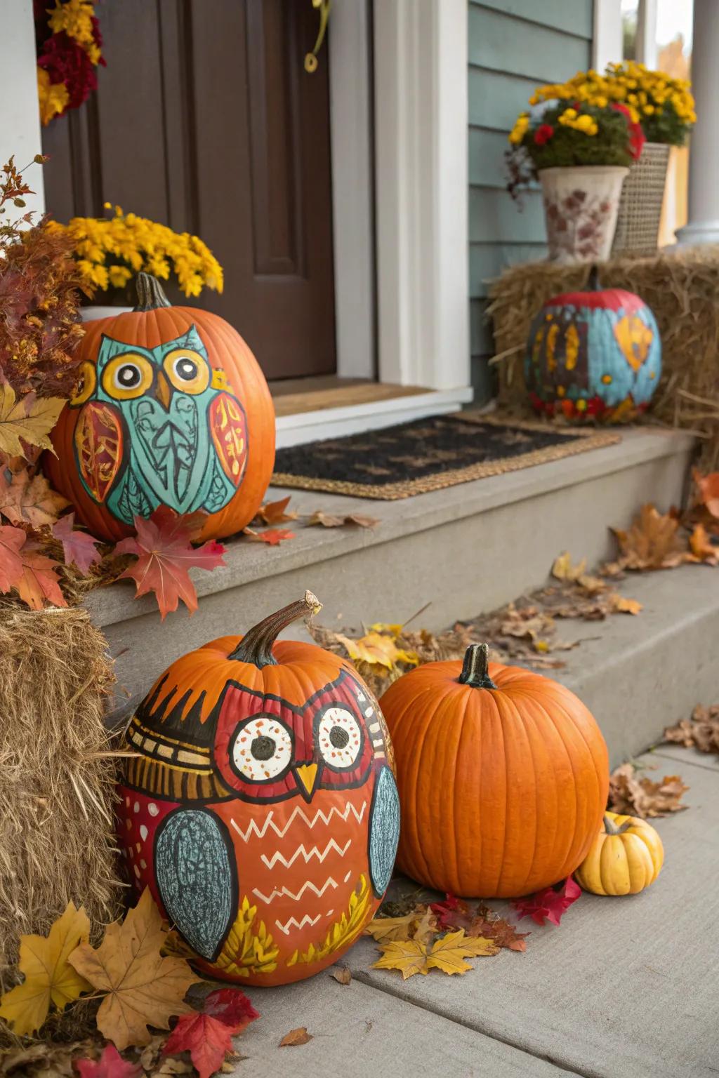 Owl-painted harvest pumpkins introduce a whimsical element to autumn decor