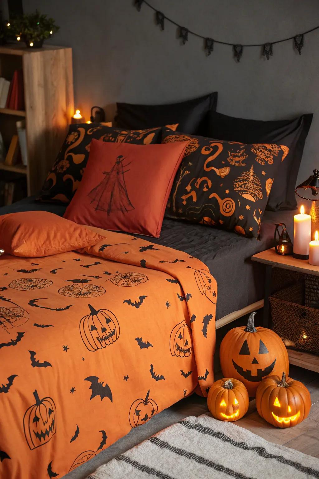 Themed bedding instantly transforms your bedroom into a Halloween oasis.