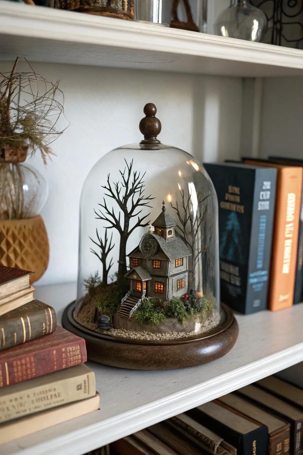 A cryptic haunted manor scene encapsulated in a display dome.