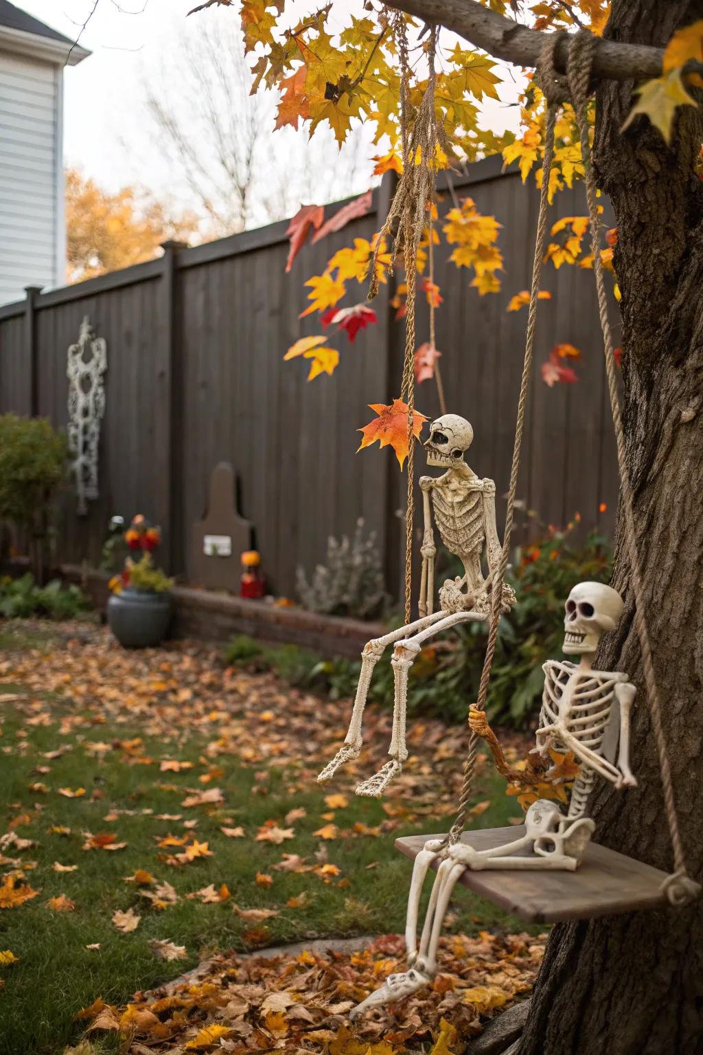 Swinging skeletons fashion a lively and animated Halloween display.