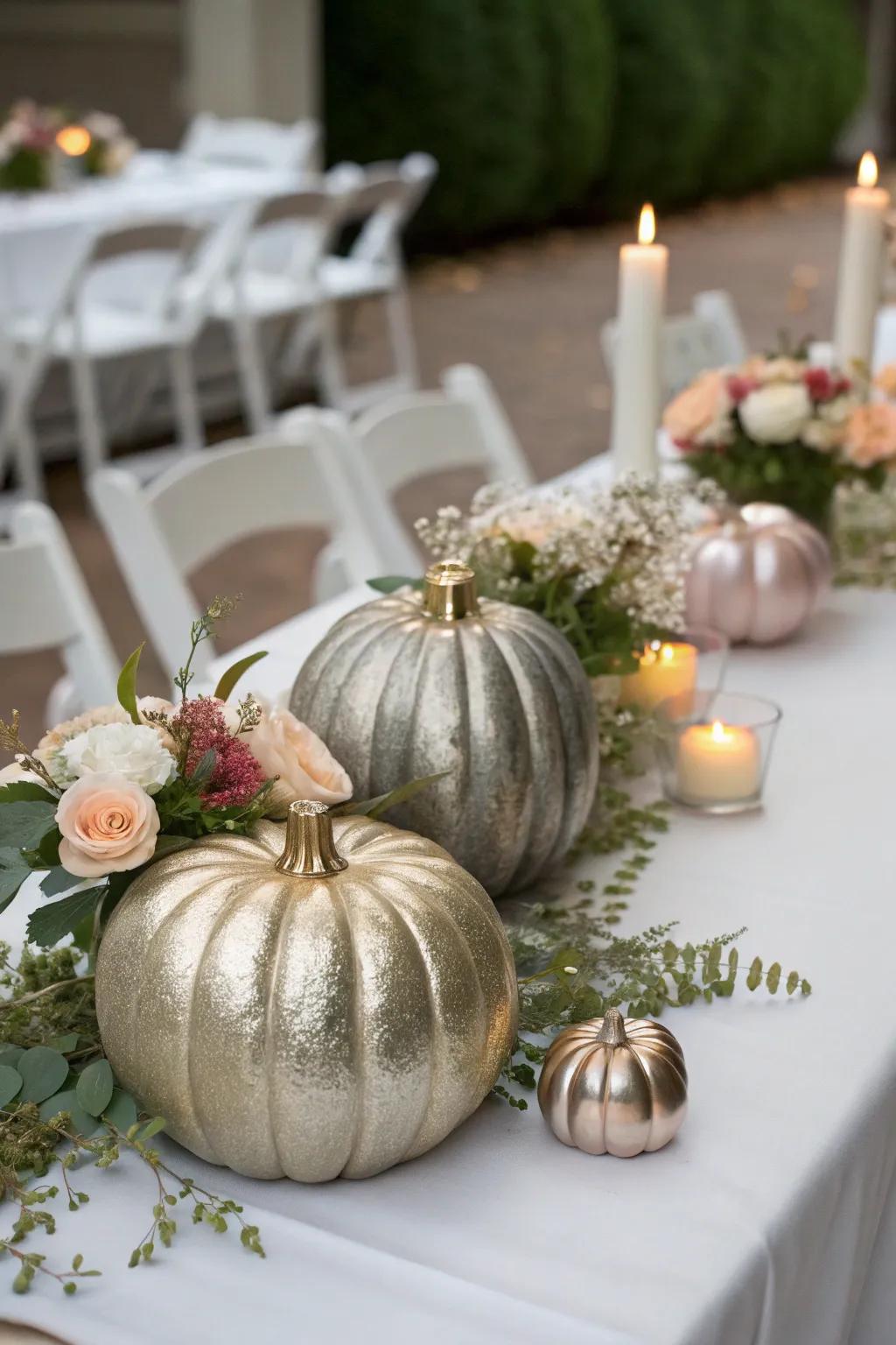 Pumpkins bring a touch of autumn playfulness to your wedding decor.