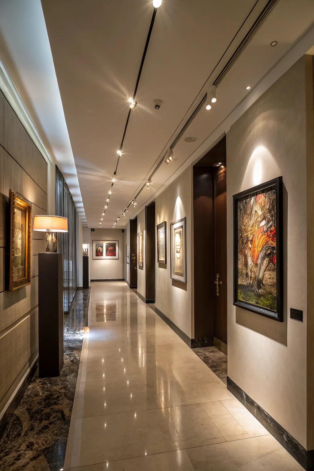 Lighting enhances the appeal of hallway art.