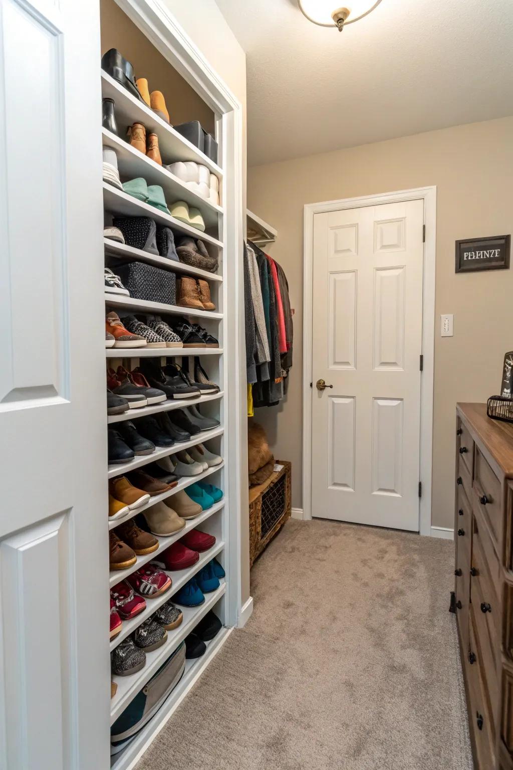 Shoe rack in a hallway closet for organized and accessible footwear.