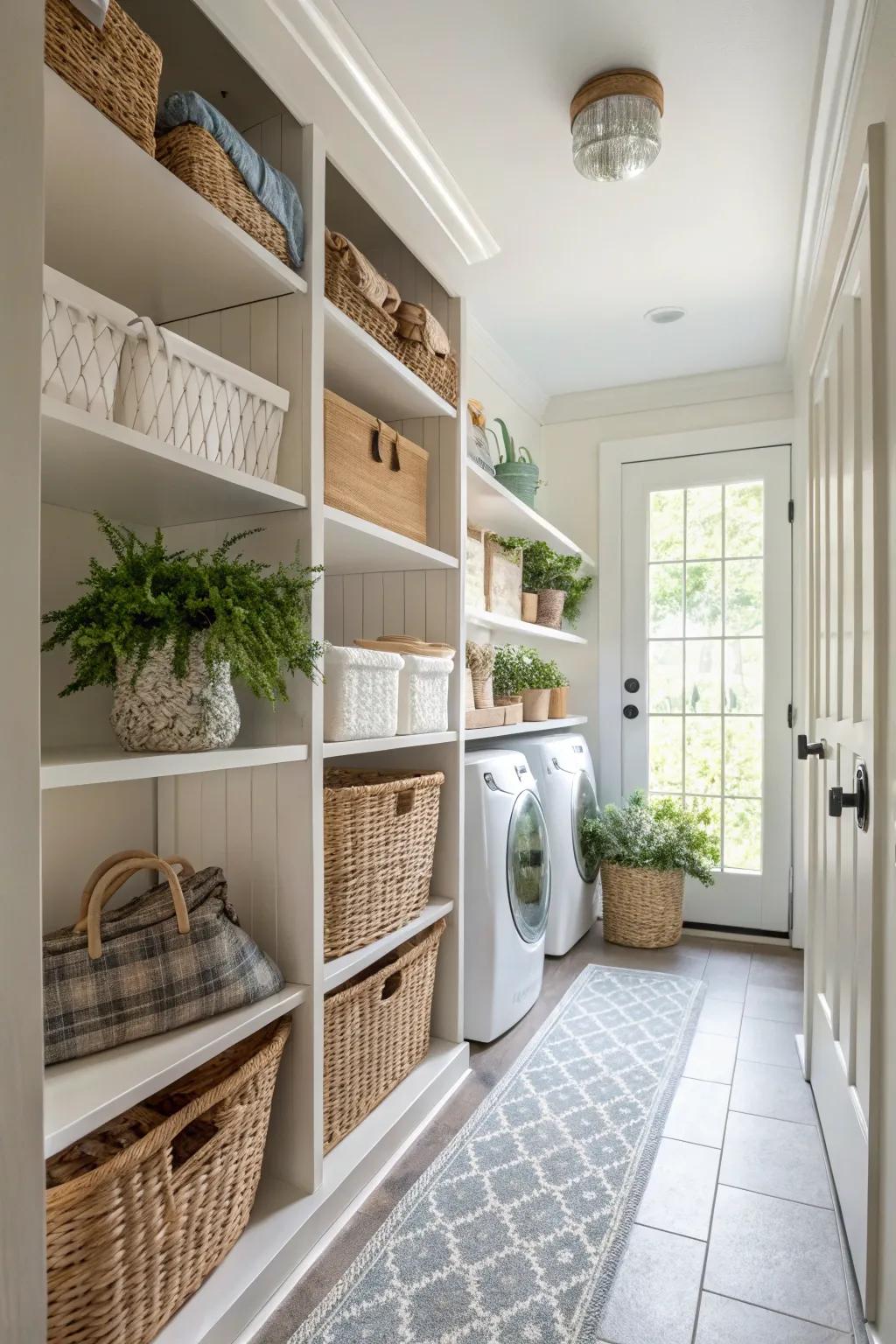 Visible shelving incorporates usefulness and appeal to a hallway laundry space.