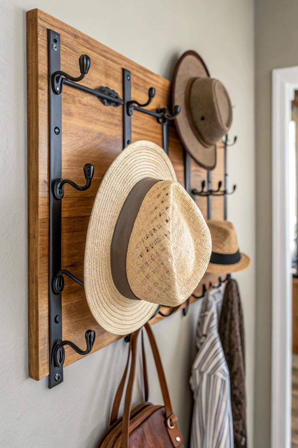 Combining timber and metal crafts a dynamic hat display.