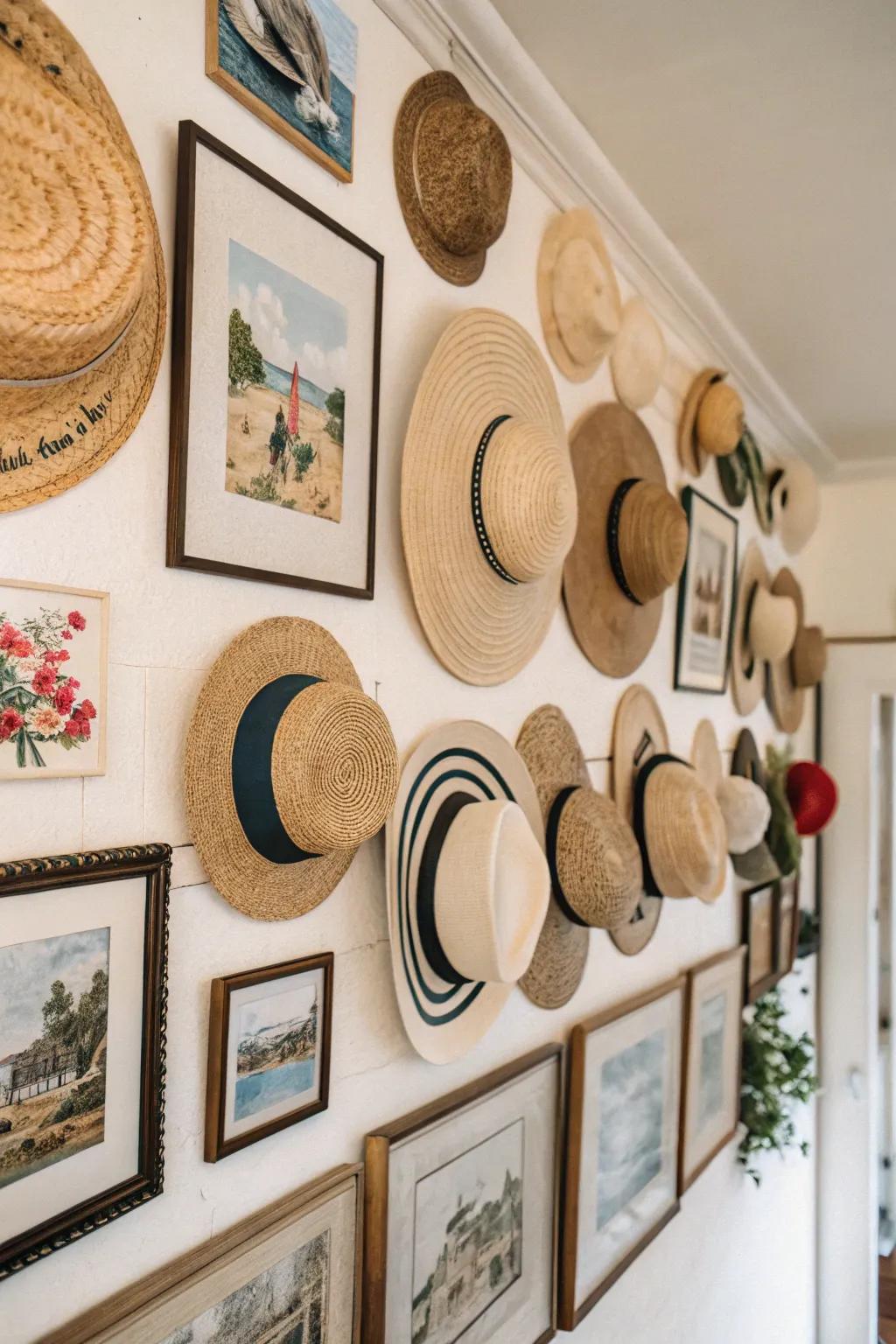 Incorporate framed artwork for a unified hat exhibit.