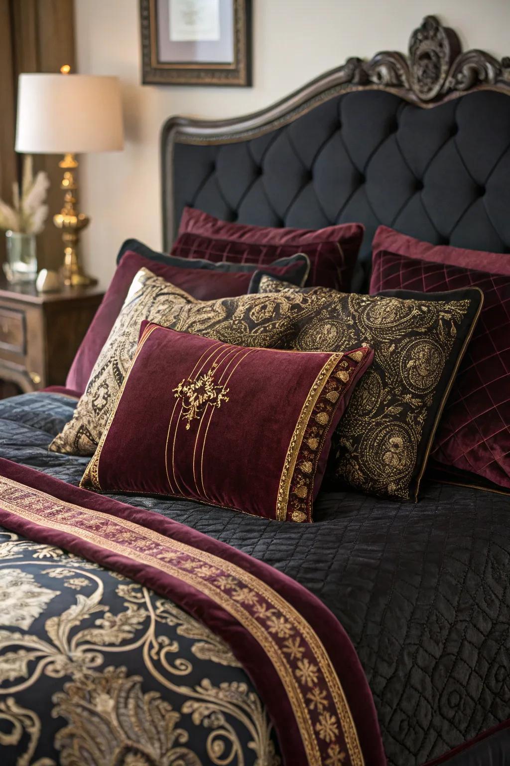 Rich fabrics establish a cozy yet opulent ambiance.