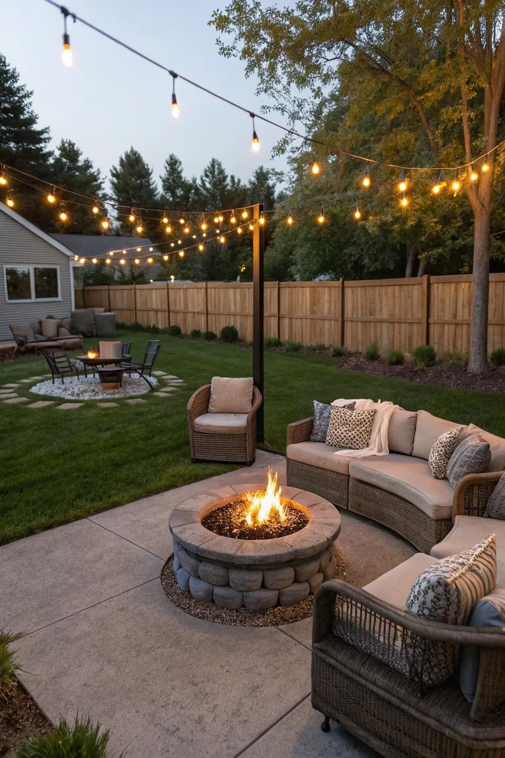 A patio view with a chic fire bowl, perfect for outdoor social gatherings.