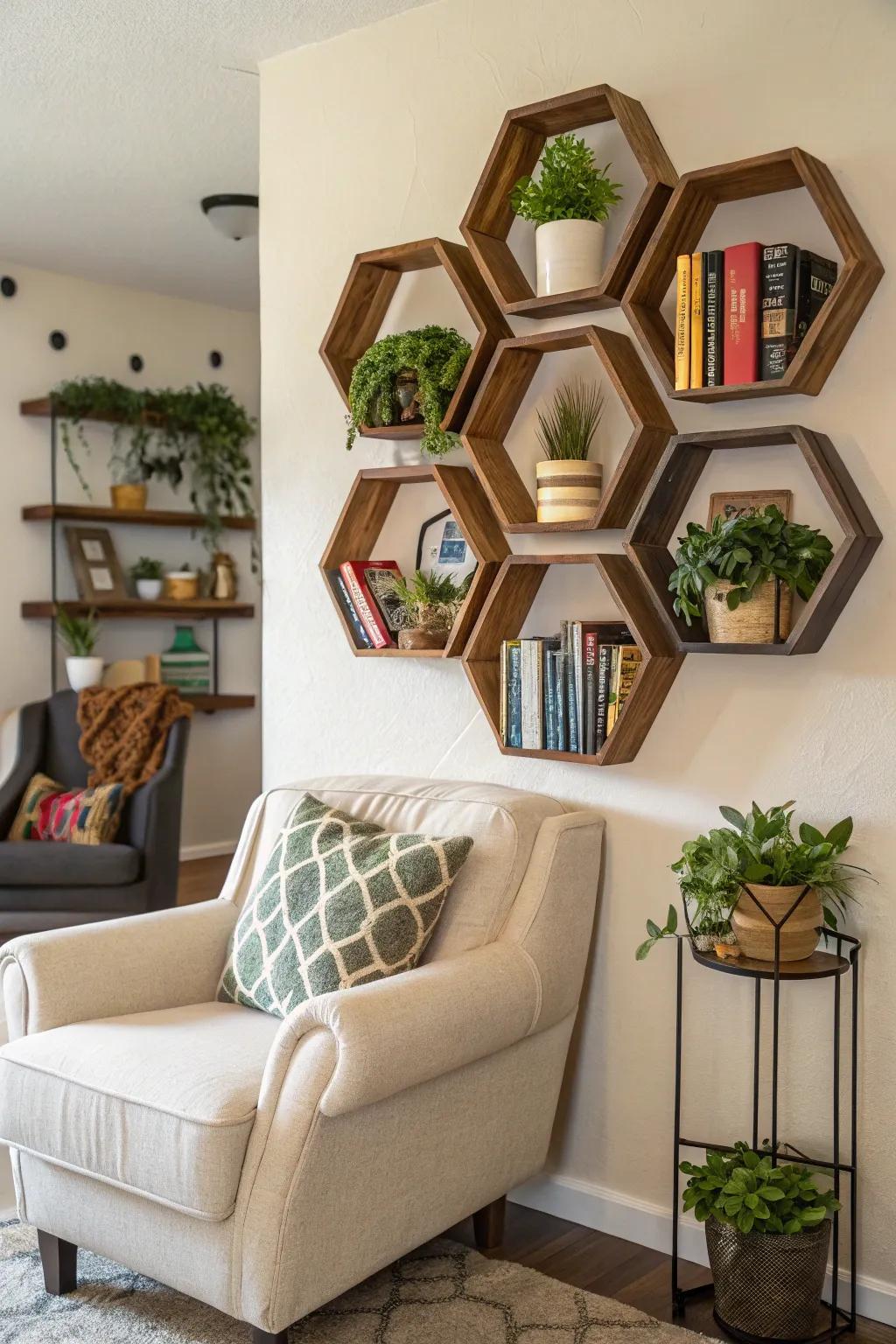Hexagon shelves provide both style and practicality.