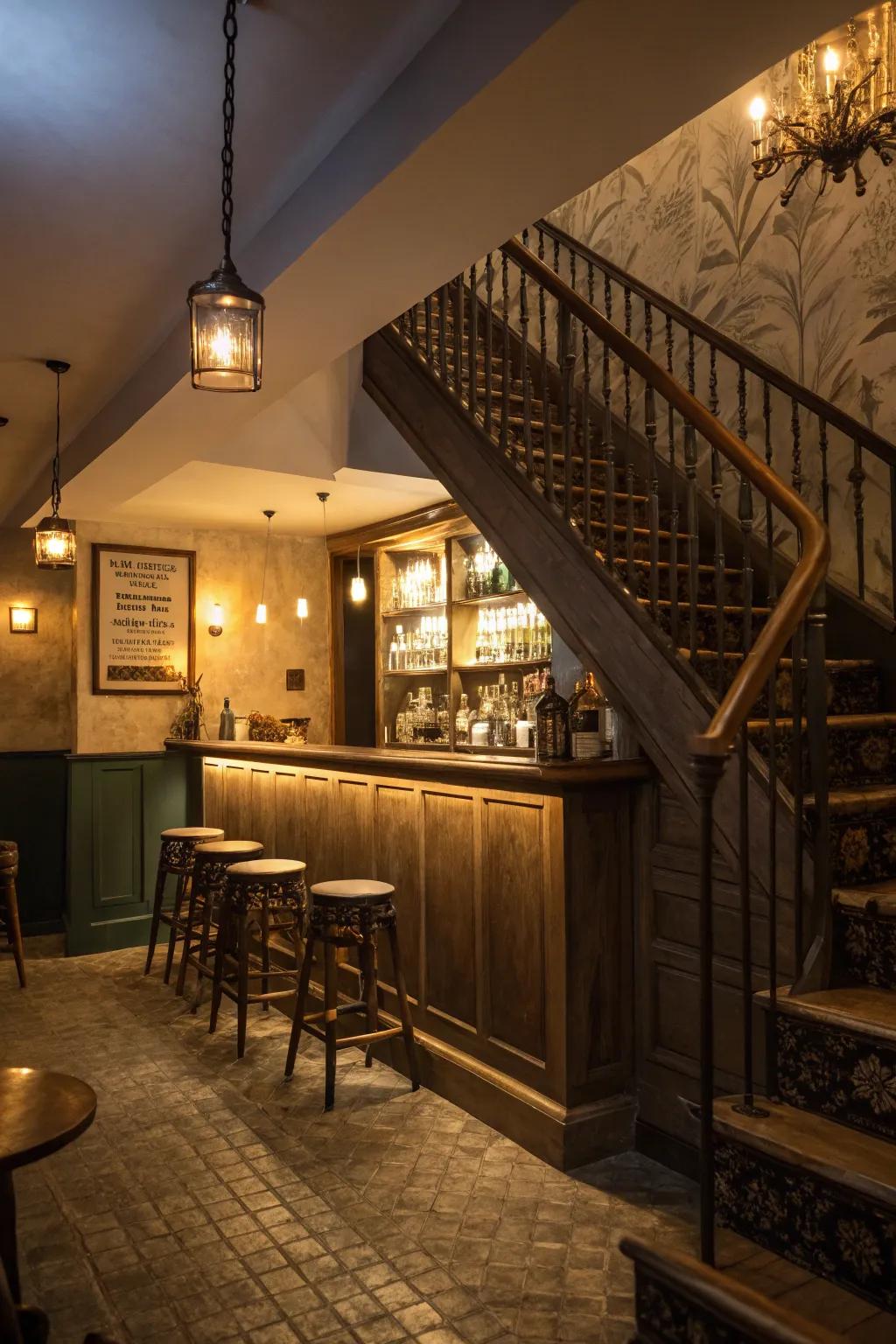 Ambient lighting establishes the atmosphere for a bar beneath the stairs.