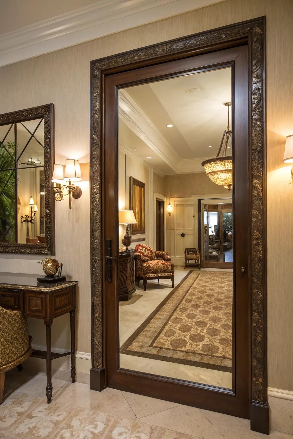 A framed mirror door that adds sophistication and intrigue to your area.