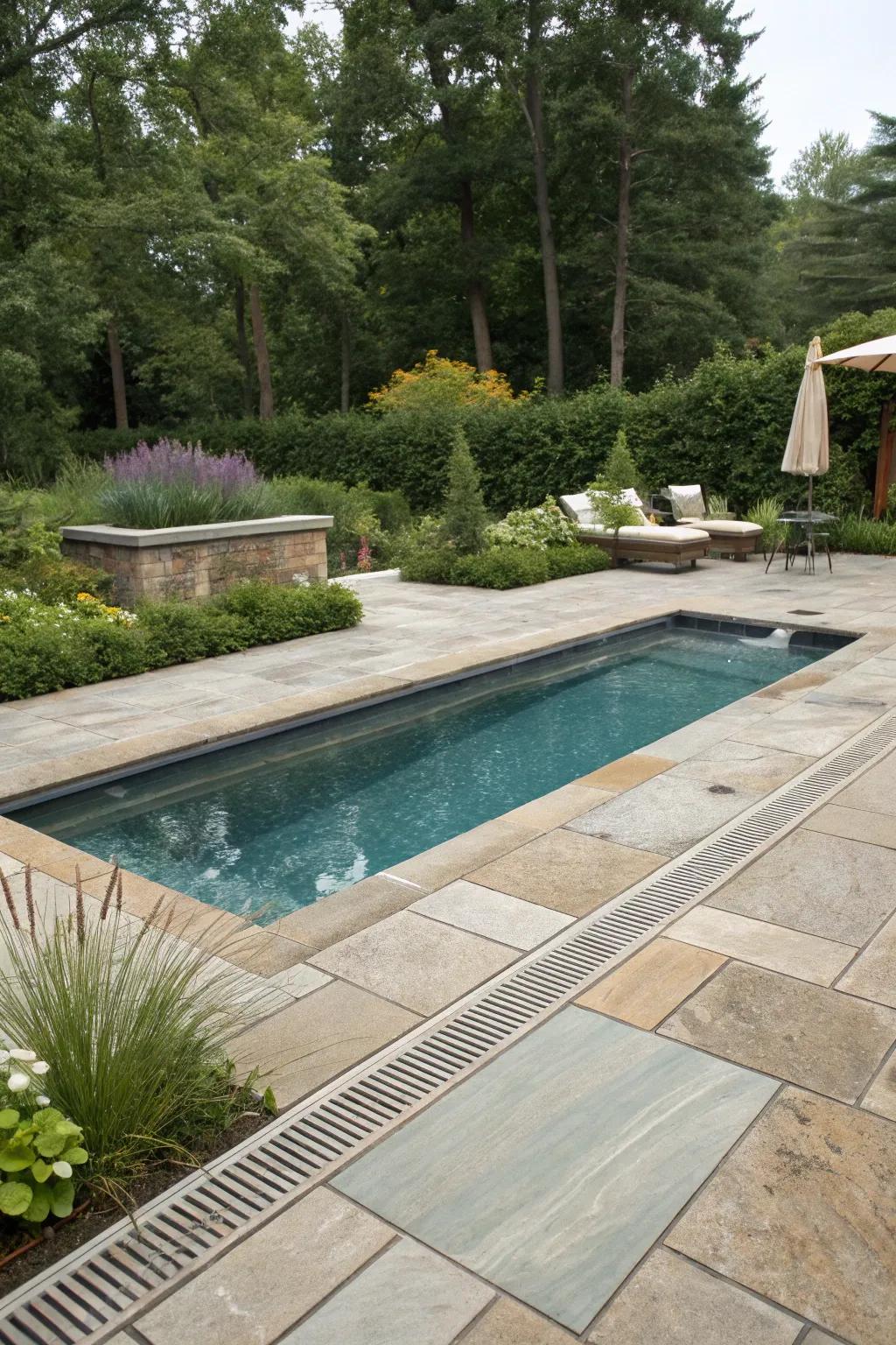 Natural stone pavers perfectly integrating concealed drains.