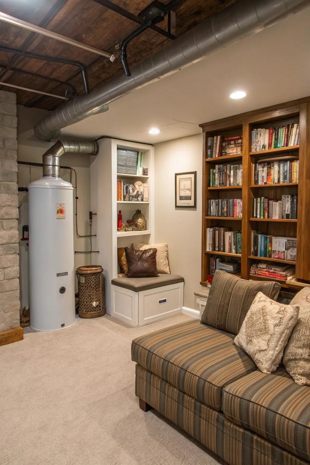 A comfortable reading corner ingeniously concealing a furnace and water heater.