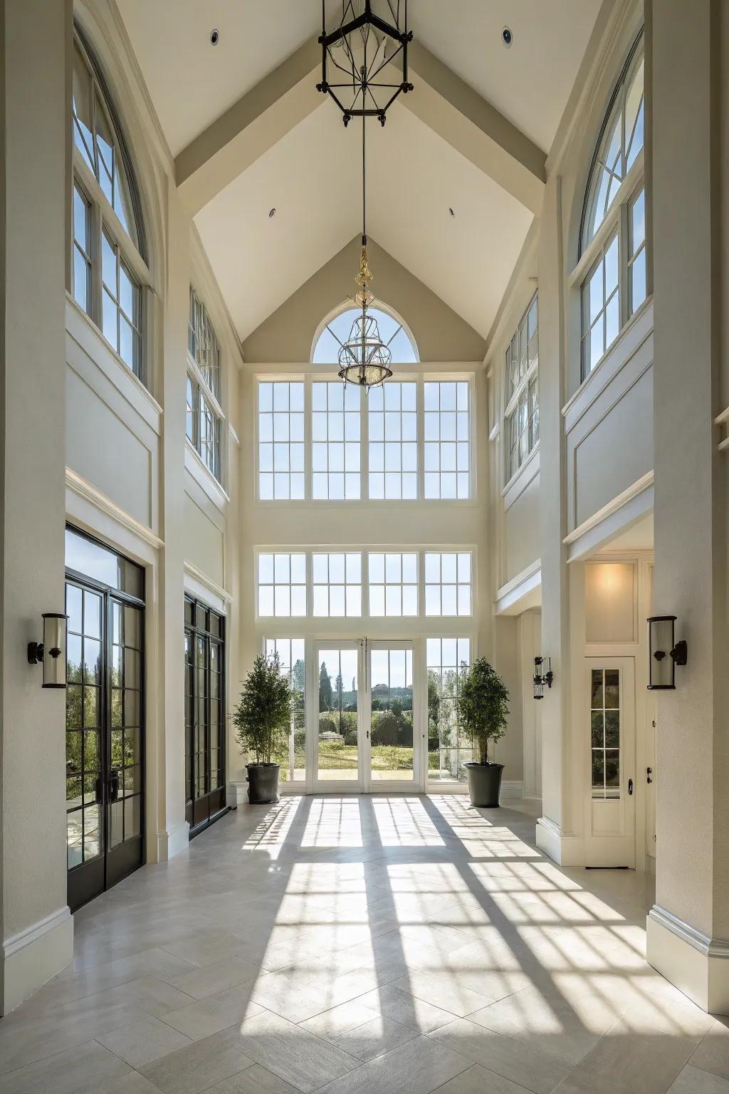 Expansive casements bathe the entryway in natural light.