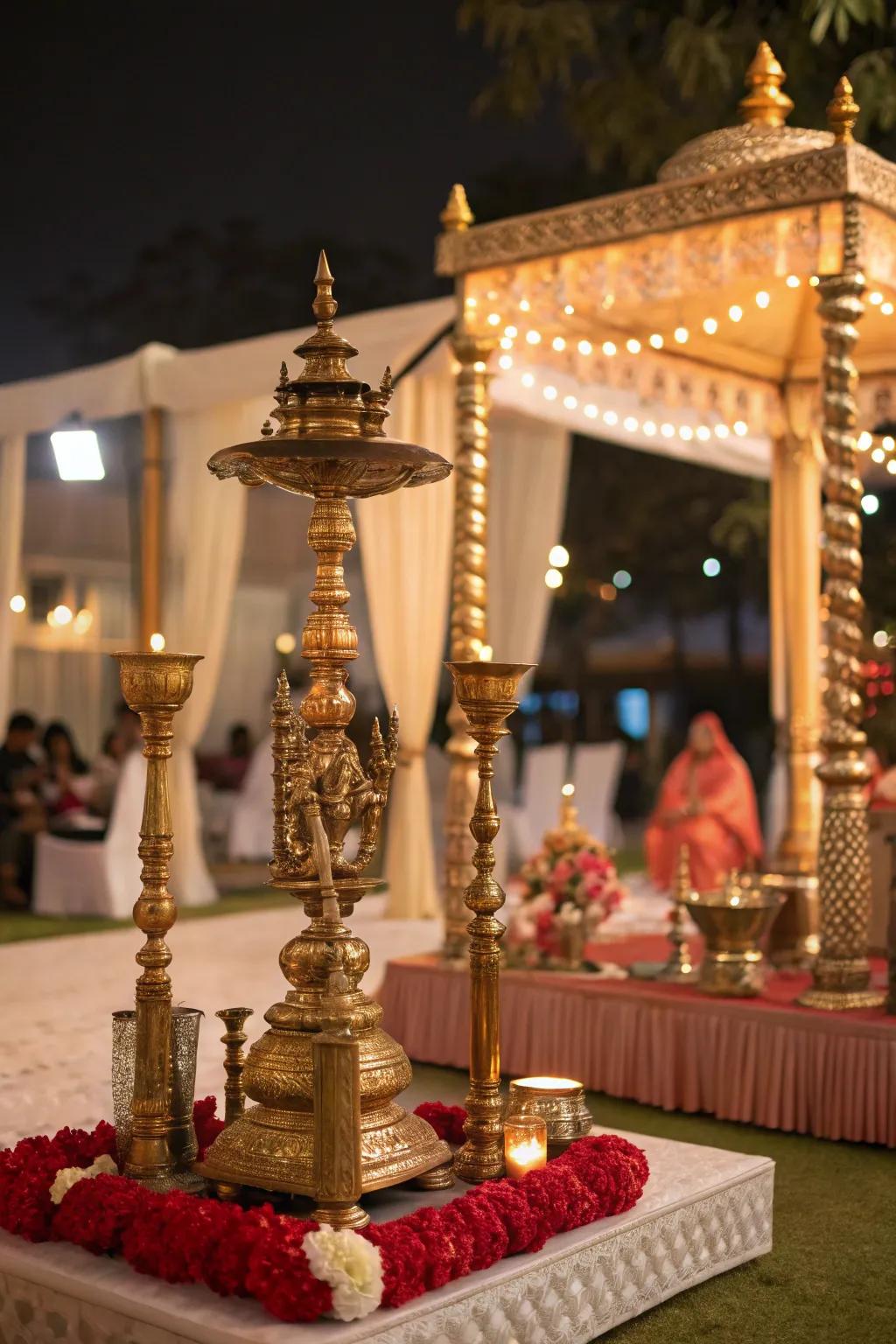 Traditional brass accents contributing cultural importance to the mandap.