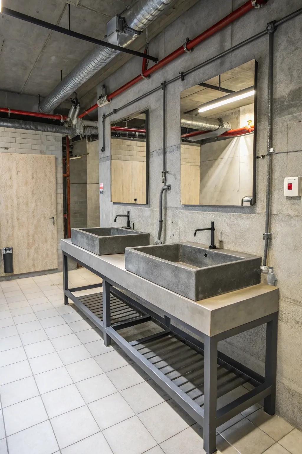 An industrial-style bathroom featuring strong design components.