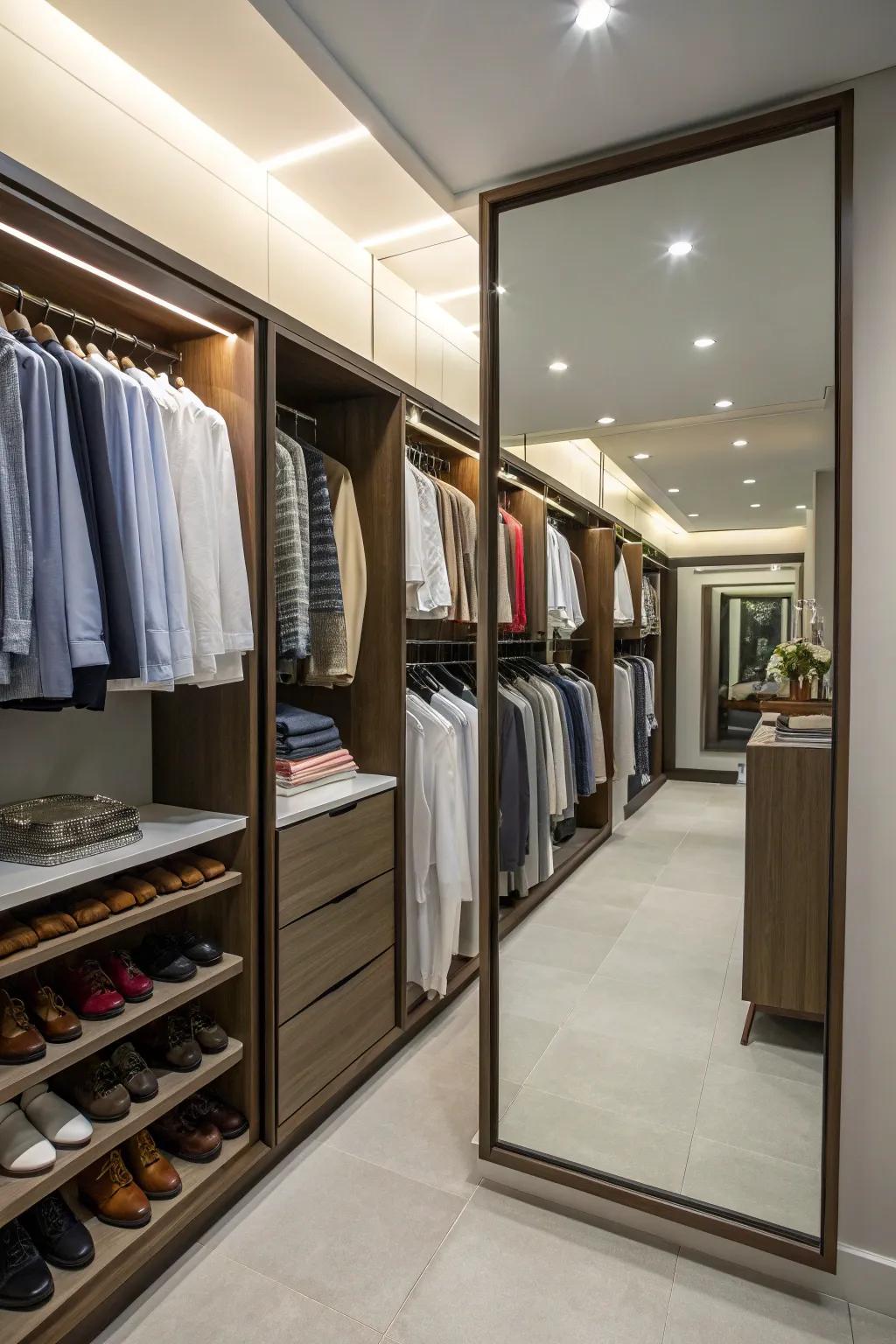 A full-length mirror enhances both space and practicality in the closet.