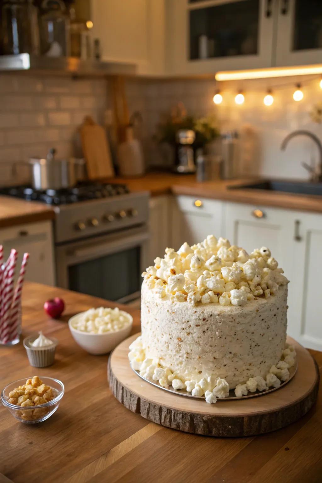 A delightful cake featuring marshmallow popcorn for a lighthearted cinematic sensation.