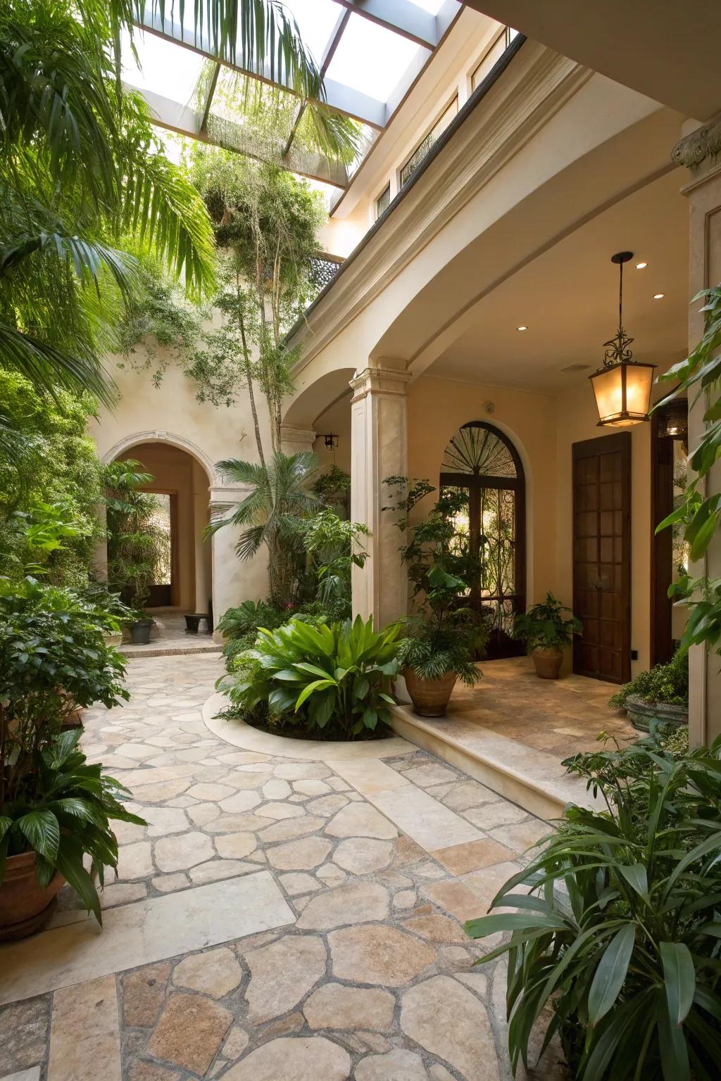 Stone flooring within an atrium, combining indoor coziness with outdoor appeal.