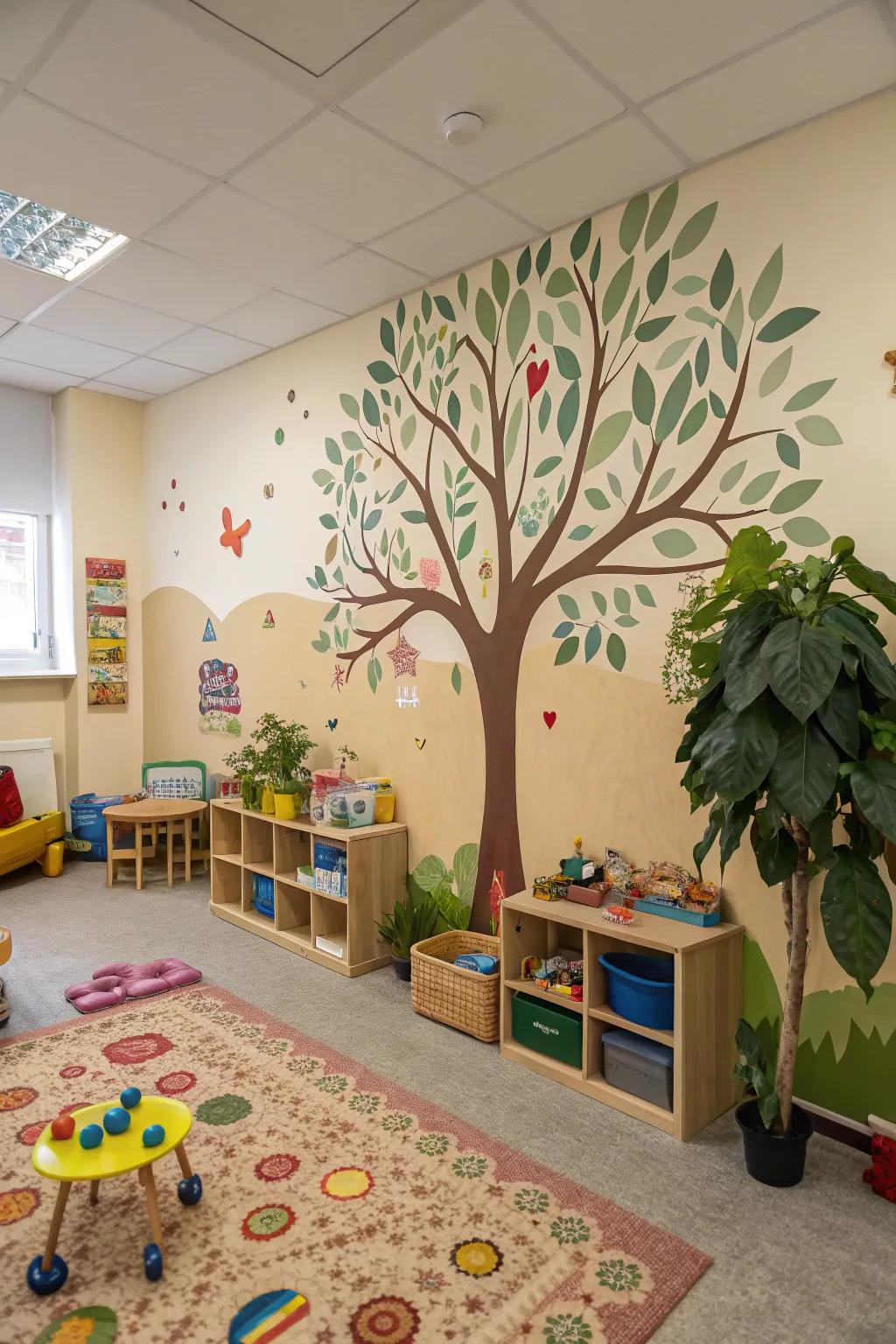 Draw the outdoors inside with a nature-themed daycare room.
